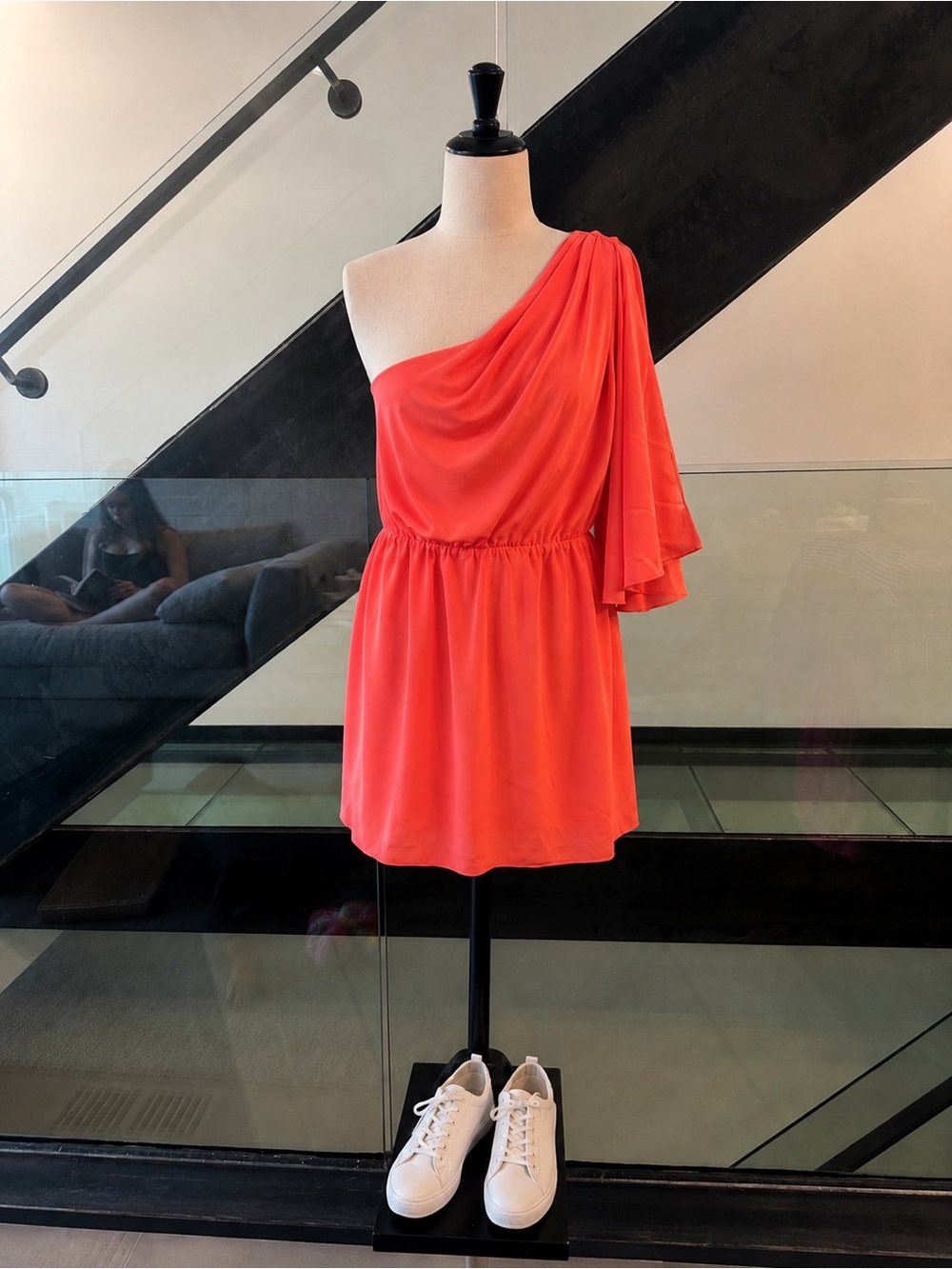 Mason One-Shoulder Silk Coral-Red Mini Dress